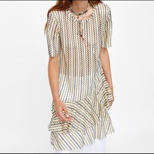 Zara Asymmetric Mesh Ruffle Dress Blue and Cream